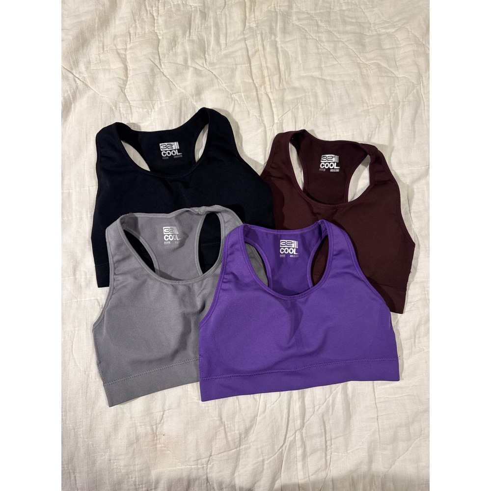 32 Degrees Cool Womens Racerback Sports Bra 4 Pack Black Purple Gray Maroon XS
